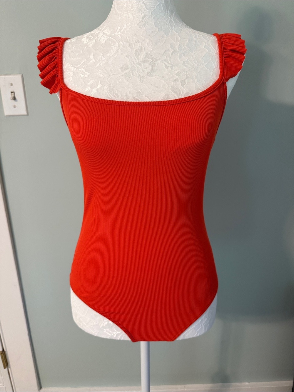 Zara Orange Ribbed Square-Neck Tank Bodysuit with Ruffle Straps